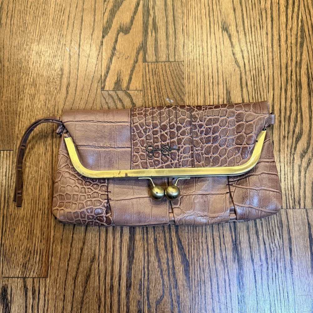 Jessica Simpson Brown‎ Croc Bag Purse Clasp Snap Over Clutch Logo